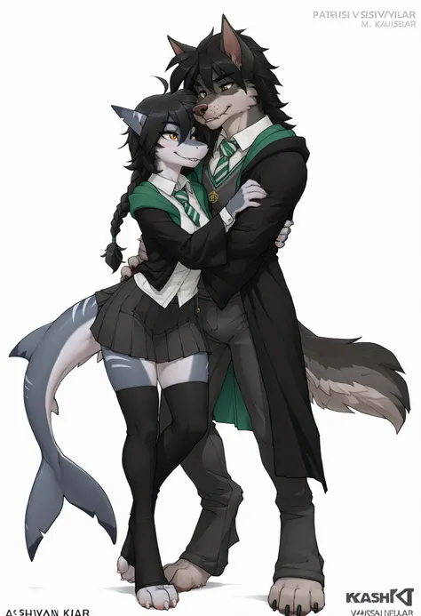 (K4 detail), (grey shark girl teasing a black wolf boy), female shark, grey skin with dark stripes, white belly, long black hair with a single braid, white soles of the feet, gold eyes, full body portrait, digitigrade legs, fluff-kevlar, zaush, Enchanting ...