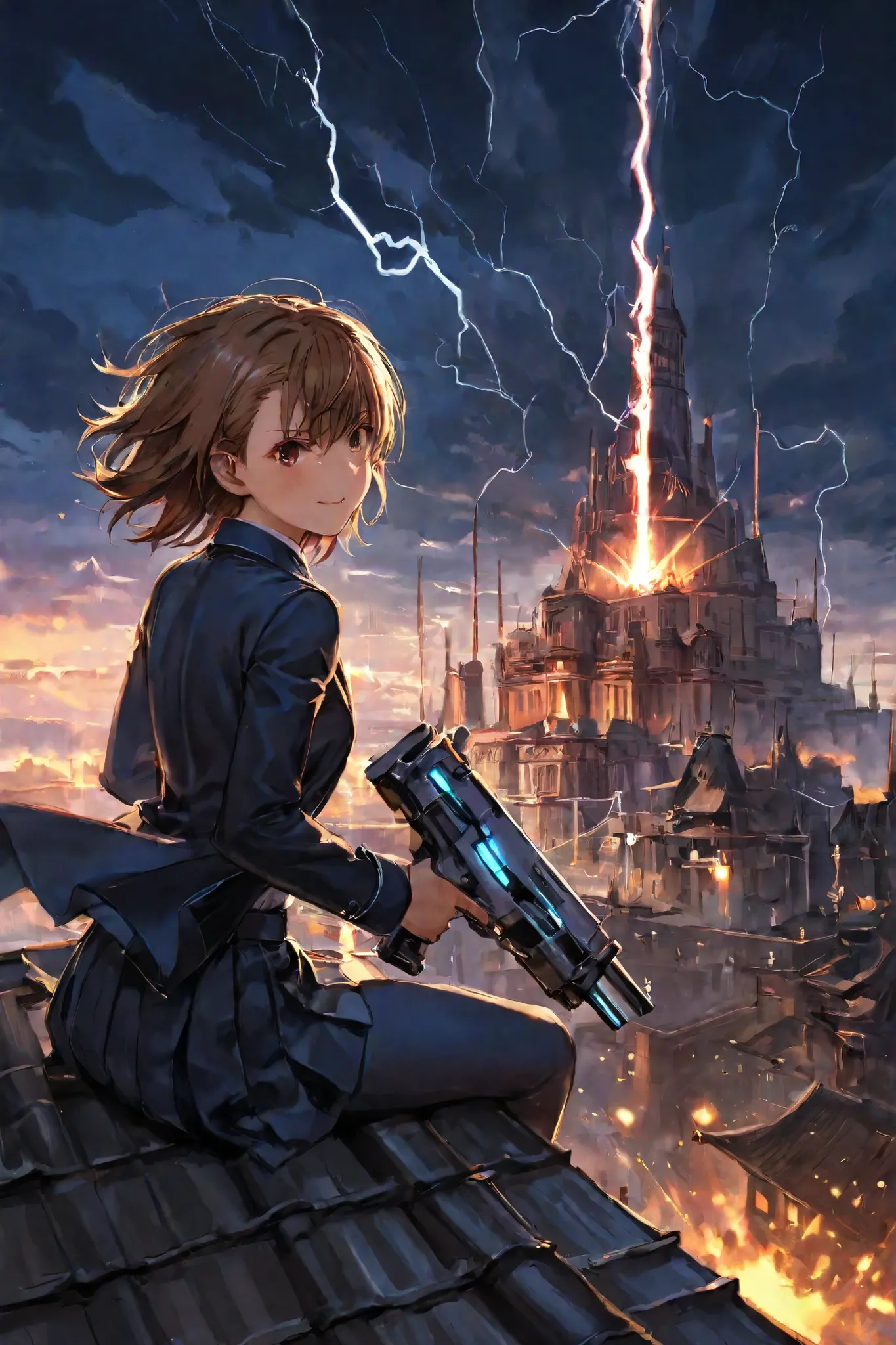 on the roof of a high-rise Jedi temple-like building、dramatic middle shot of Misaka Mikoto, a scientific super electromagnetic gun emitting lightning from both hands, futuristic spire and dome in the background, Night sky illuminated by thunderstorms, inte...