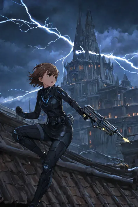 on the roof of a high-rise Jedi temple-like building、dramatic middle shot of Misaka Mikoto, a scientific super electromagnetic gun emitting lightning from both hands, futuristic spire and dome in the background, Night sky illuminated by thunderstorms, inte...