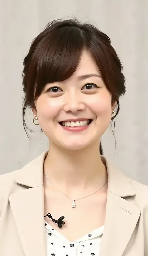 Neat Young Woman、and look at the camera、office lady suit、jacket、shirt、necklace、ear piercing、黒髪、、smile showing teeth、背景はオフィス
