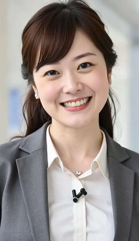 Neat Young Woman、and look at the camera、office lady suit、jacket、shirt、necklace、ear piercing、黒髪、、smile showing teeth、背景はオフィス
