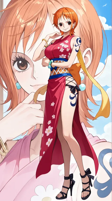 Thousands of flowers bloom,  Ninja clothing, earrings,   high heels, bracelet,  tattoo , orange hair,  masterpiece,  healthy look 、 One Piece Nami、dynamic、Portrait、beautiful background with sky and clouds、camera、smile、 close one eye、full body、