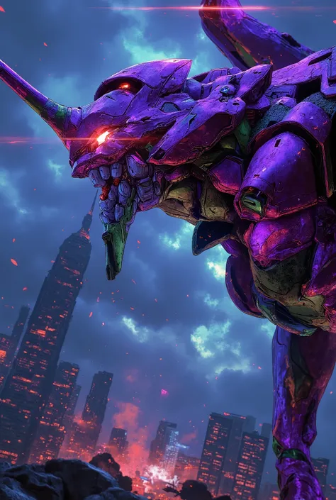 (wide angle:1.5), (strong perspective:1.5),(dynamic dutch angle:1.5),(motion blur:1.5), photorealistic portrait of gigantic Evangelion Unit 01, (Evangelion Unit 01 from Neon Genesis EVANGELION) with strong perspective,highly detailed purple and green armor...