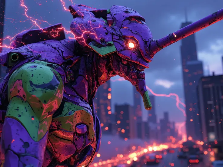 (wide angle:1.5), (strong perspective:1.5),(dynamic dutch angle:1.5),(motion blur:1.5),realistic portrait of gigantic Evangelion Unit 01, (Evangelion Unit 01 from Neon Genesis EVANGELION) with strong perspective,highly detailed purple and green armor, exag...