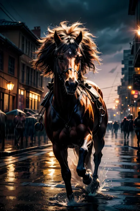 A purebred horse that runs in the rain,A wet hyena shines beautifully,Shiny 、Hands with firm muscle,Feeling Fast,cinematic lighting,high saturation