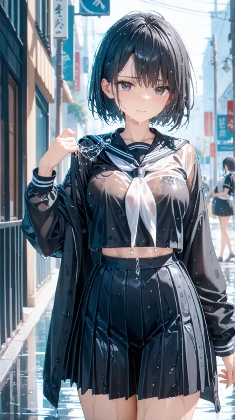 Heavy Rain,  walks through the city, wet medium hair, bob cut, black hair, black eyes, wet sexy body , medium chest, slender, white neckerchief, wet black school uniform, wet black shirt, wearing wet long sleeve clothes, wet pleated skirt, wet black sailor...