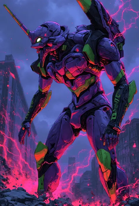 (wide angle:1.5), (strong perspective:1.5),(dynamic dutch angle:1.5),(motion blur:1.5), portrait of gigantic Evangelion Unit 01, (Evangelion Unit 01 from Neon Genesis EVANGELION) with strong perspective,highly detailed purple and green armor, exaggerated d...