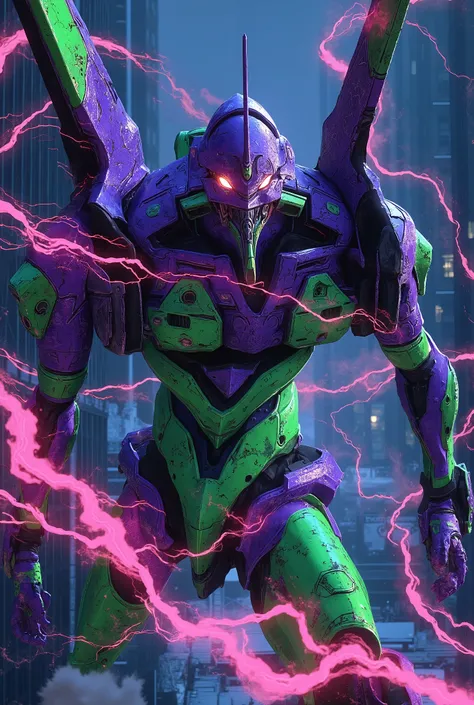 (wide angle:1.5), (strong perspective:1.5),(dynamic dutch angle:1.5),(motion blur:1.5), portrait of gigantic Evangelion Unit 01, (Evangelion Unit 01 from Neon Genesis EVANGELION) with strong perspective, purple and green armor, exaggerated depth, with the ...