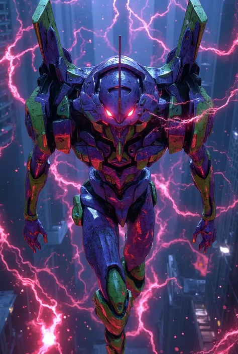 (wide angle:1.5), (strong perspective:1.5),(dynamic dutch angle:1.5),(motion blur:1.5), portrait of gigantic Evangelion Unit 01, (Evangelion Unit 01 from Neon Genesis EVANGELION) with strong perspective,purple and green armor, face centered in the frame, e...