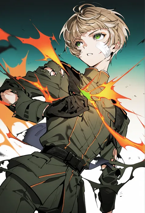 ung boy,short hair,pointed bangs,light brown hair,green eyes,wicked lol,military uniform torn,forest night gradient background