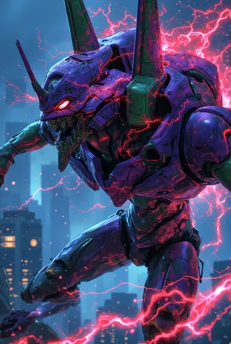 (wide angle:1.5), (strong perspective:1.5),(dynamic dutch angle:1.5),(motion blur:1.5), portrait of gigantic Evangelion Unit 01, (Evangelion Unit 01 from Neon Genesis EVANGELION) with strong perspective,purple and green armor, face centered in the frame, e...