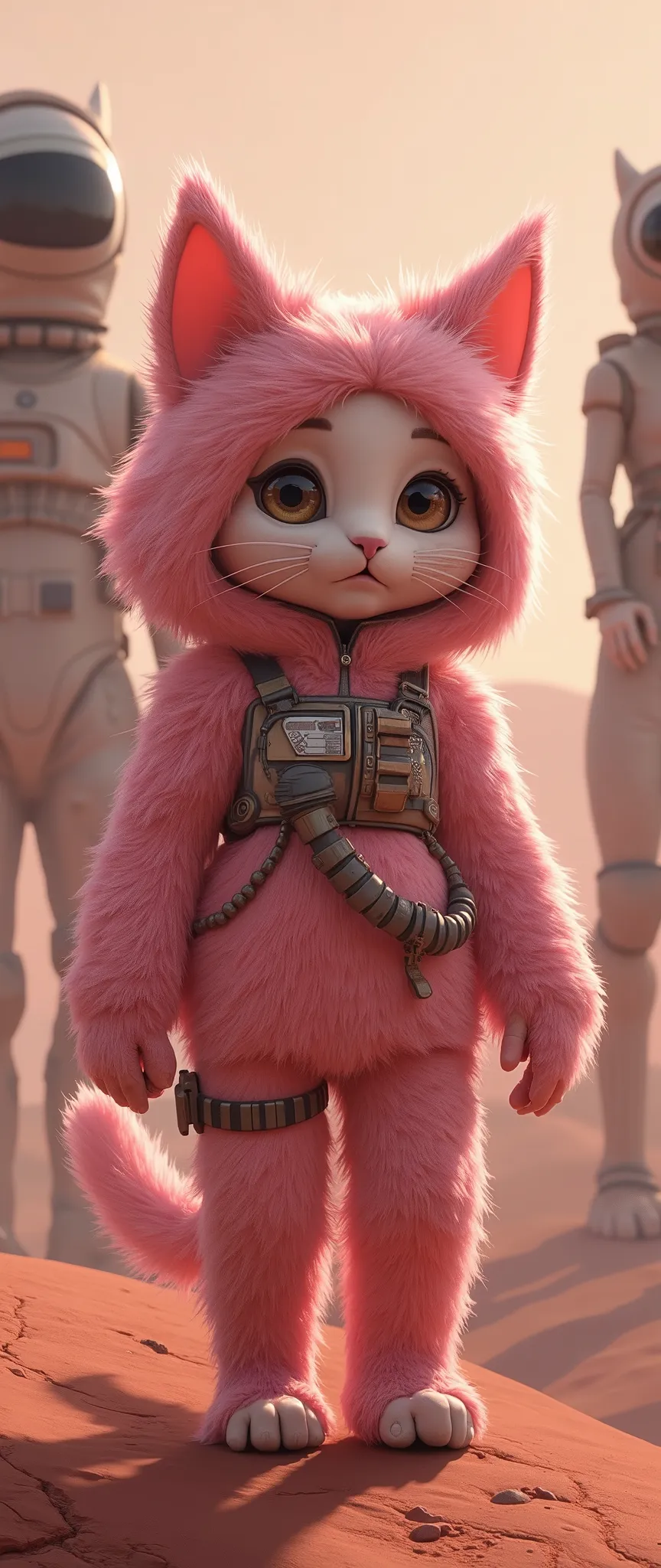 (top quality)、(Super Detailed)、(super high resolution)、(best illustration)、The cat girl who appeared in SF、beautiful armed cat、has a human face and a cat girl's body、Full Body、soft pink fluffy fur、surprised by aliens、Vector art、Layered Textures、progressive...