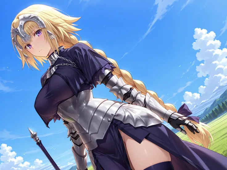 solo,masterpiece,best quality, amazing quality, highres, absurdres, very aesthetic, high resolution, ultra detailed, perfect details,jeanne_d_arc_f-a, 1girl, long hair, blonde hair, thighhighs, armor, braid, gauntlets, headpiece, armored dress, single brai...
