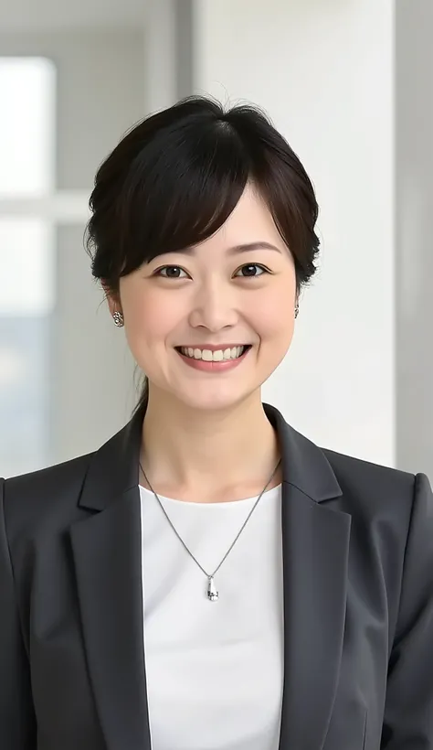 Neat Young Woman、and look at the camera、office lady suit、jacket、shirt、necklace、ear piercing、黒髪、、smile showing teeth、背景はオフィス
