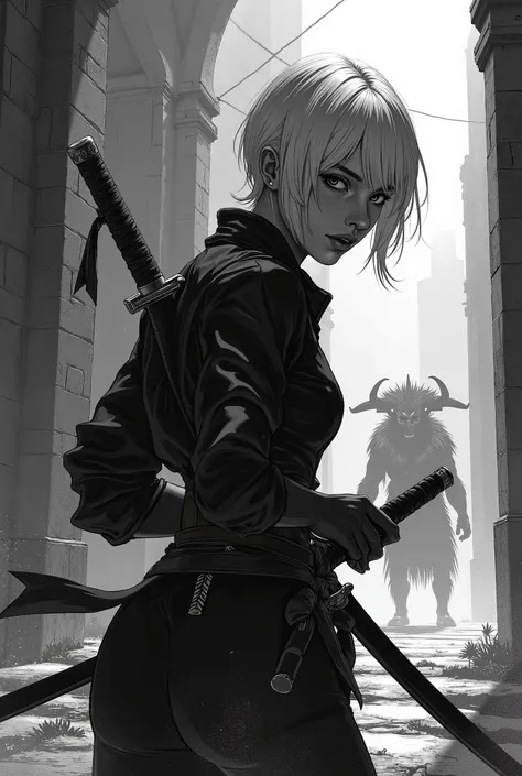 manga cтиль,black and white manga, ((gorgeous Russian girl (Scarlett Johansson) with big eyes and a short pixie haircut, etc,triple cute,thoughtful)).Big eyes, sexy,manga,realism,black and white image,manga style drawing,cute girl,in ninja attire with a ka...