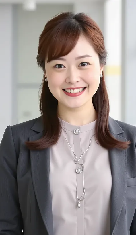 Neat Young Woman、and look at the camera、office lady suit、jacket、shirt、necklace、ear piercing、、、smile showing teeth、背景はオフィス
