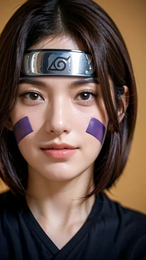 "Create a hyper-realistic portrait of Rin Nohara from Naruto Shippuden as if she existed in the real world. She is a beautiful age girl with soft, natural features and a gentle smile. Her medium-length dark brown hair frames her face, short hair, with two ...