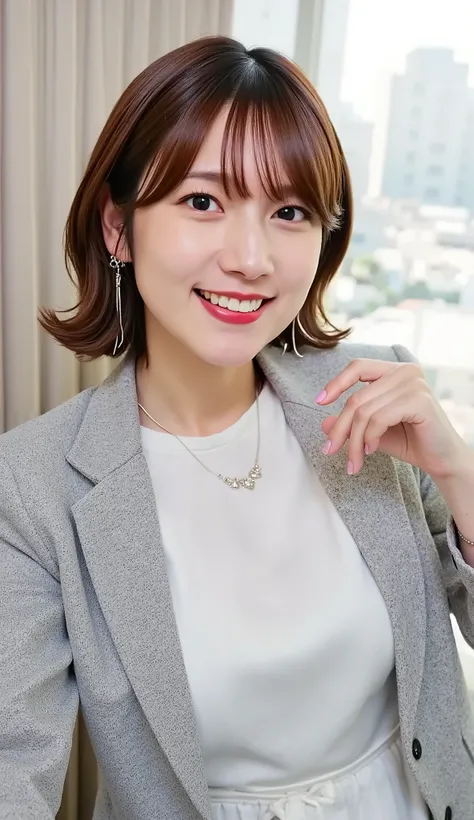 Neat Young Woman、and look at the camera、office lady suit、jacket、shirt、necklace、ear piercing、黒髪、、smile showing teeth、背景はオフィス