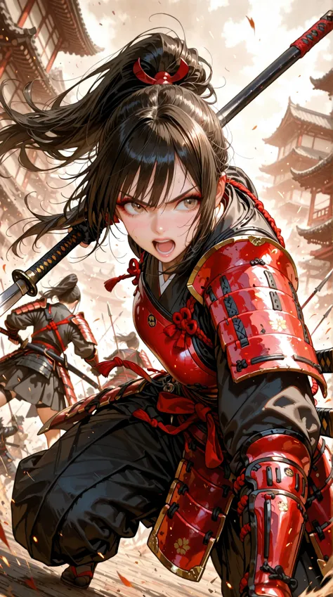 Dynamic perspective angle shot, A digital art image shows a samurai girl, long black hair, beautiful light brown colors eyes, blocking attack with her spear . She wields a spear to protect herself from enemies , blades cross in front of her.She wears red s...