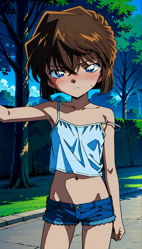score_9,score_8_up,score_7_up,1990s \(style\),anime coloring,BREAK,nsfw,1girl,solo,Detective Conan style,haibara ai,short hair,brown hair,blue eyes,(sanpaku),hair between eyes,BREAK,(bottomless:0.6),(low-rise),butt crack,hot-pants,,very short pants,undo pa...