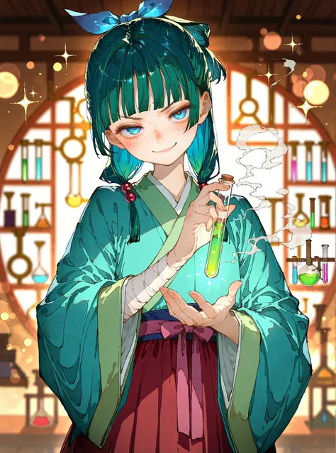 masterpiece, best quality, newest, highres, absurdres, 1girl, solo, maomao \(kusuriya no hitorigoto\), upper body,blue hair bow, multi-tied hair, hair beads, green hair, sidelocks, v-shaped eyebrows, blue eyes, blunt bangs, freckles, blush, glossy lips, sh...
