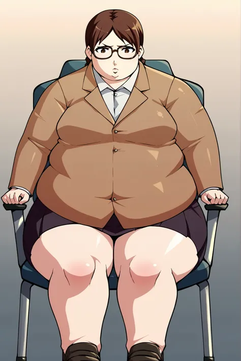 score_9, score_8_superior, score_7_superior, score_6_superior, sauce_anime, Break 1 Girl, woman, Solo p5 principal, Fat, chubby, obesity, usamip5, brown hair, brown eyes, braid, glasses, blazer, skirt, woman化, big breasts, sitting on chair, school office 