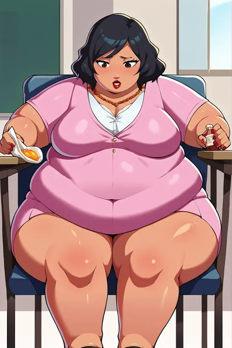 score_9, score_8_superior, score_7_superior, score_6_superior, sauce_anime, Break 1 Girl, woman, Solo p5 principal, Fat, chubby, obesity, score_9, score_8_up, score_7_up, source_anime BREAK 1girl, solo,   chounop5, black hair, medium hair, brown eyes, pink...