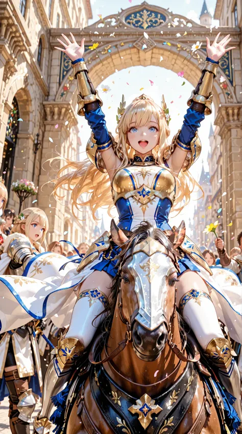 Dynamic perspective angle shot, A digital art image shows the victorious knight, long blonde hair, beautiful skin, bright blue eyes, riding horse . people throwing flowers at her in celebration. victory celebrate .She wears a shining armor, complete with a...