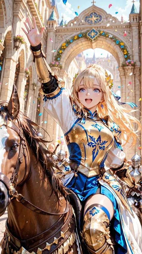 Dynamic perspective angle shot, A digital art image shows the victorious knight, long blonde hair, beautiful skin, bright blue eyes, riding horse . people throwing flowers at her in celebration. victory celebrate .She wears a shining armor, complete with a...