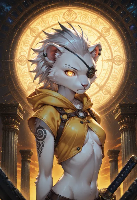 score_9, score_8_up, score_7_up,solo , anthro , Zaffa , lioness, small breasts, Orange gradient eyes, black and white hair , white fur , fluffy fur , detailed fur , black tattoo , eyebrow piercing , ear clip , slim body, yellow hood, eye patch, action pose...