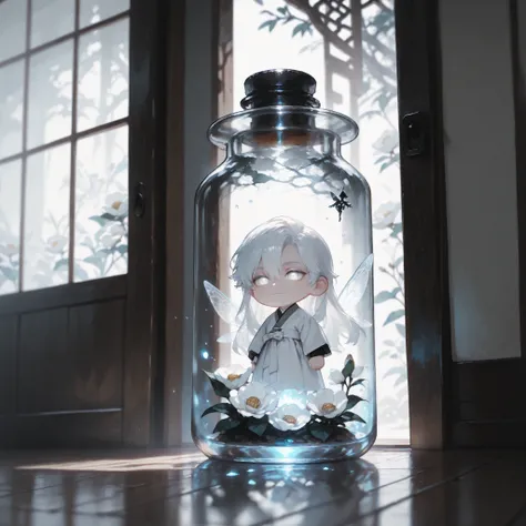 (masterpiece, high quality, ultra-detailed), chibi, solo, 1 boy, close-up, cinematic lighting, dramatic,

male fairy, handsome, long hair, hip-length hair, white hair, white eyes with deep gray outlines, detailed eyes, soft smile, traditional korean male o...