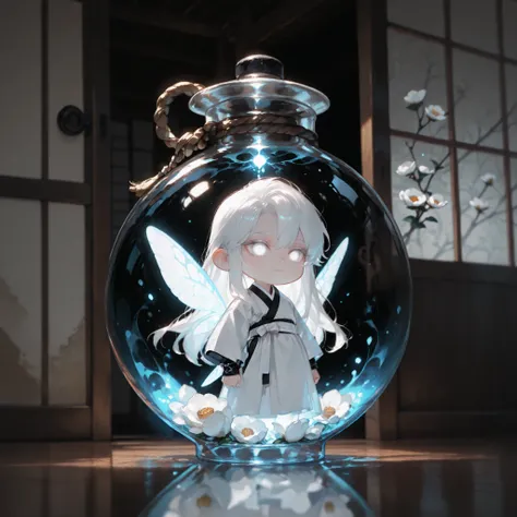 (masterpiece, high quality, ultra-detailed), chibi, solo, 1 boy, close-up, cinematic lighting, dramatic,

male fairy, handsome, long hair, hip-length hair, white hair, white eyes with black outlines, detailed eyes, soft smile, magically glowing wings, trad...
