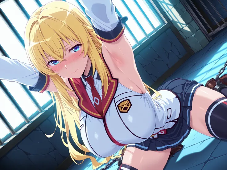 solo,masterpiece,best quality, amazing quality, highres, absurdres, very aesthetic, high resolution, ultra detailed, perfect details,Yurishia Farandole (character), Yurisia school uniform outfit, 1girl, solo, thighhighs, skirt, blonde hair, long hair, zett...