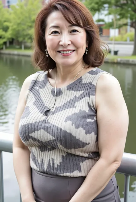 丰满46-year-old background  东北阿姨在初春的江边。leaning against a riverside railing， River surface ， Far Away House ，building， Living Area ，shop for kittens，Passing vehicle，plain 。full body portrait， organic photos 、 best quality 、  masterpiece、。46-year-old backgroun...