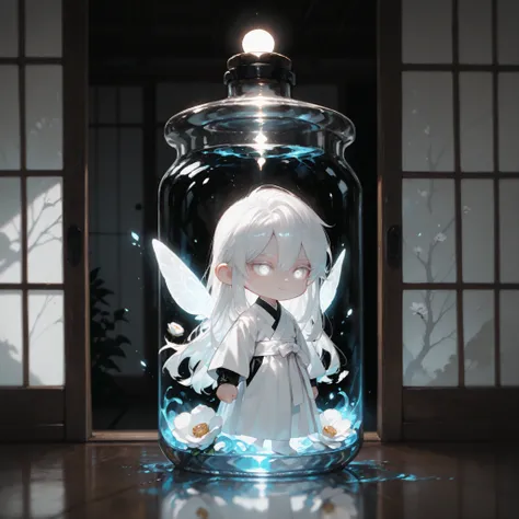 (masterpiece, high quality, ultra-detailed), chibi, solo, 1 boy, close-up, cinematic lighting, dramatic,

male fairy, handsome, long hair, hip-length hair, white hair, white eyes with black outlines, detailed eyes, soft smile, magically glowing wings, trad...
