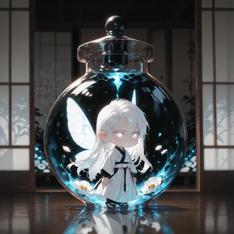 (masterpiece, high quality, ultra-detailed), chibi, solo, 1 boy, close-up, cinematic lighting, dramatic,

male fairy, handsome, long hair, hip-length hair, white hair, white eyes with black outlines, detailed eyes, soft smile, magically glowing wings, trad...