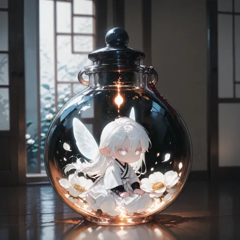 (masterpiece, high quality, ultra-detailed), chibi, solo, 1 boy, close-up, cinematic lighting, dramatic,

male fairy, handsome, long hair, hip-length hair, white hair, white eyes with black outlines, detailed eyes, soft smile, magically glowing wings, trad...