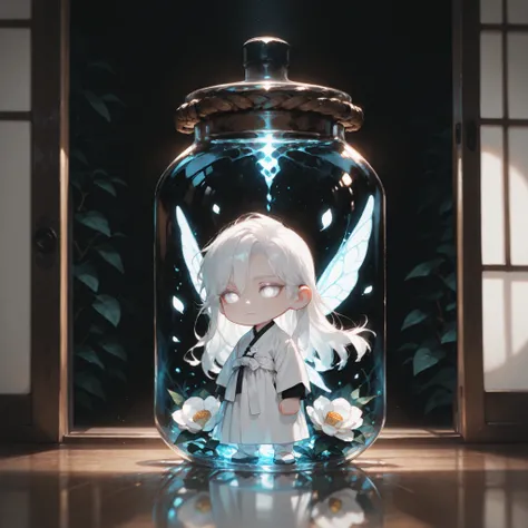 (masterpiece, high quality, ultra-detailed), chibi, solo, 1 boy, close-up, cinematic lighting, dramatic,

male fairy, handsome, long hair, hip-length hair, white hair, white eyes with black outlines, detailed eyes, soft smile, magically glowing wings, trad...