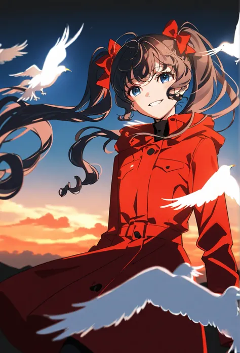 1 girl,Black Background,black double ponytail curls, blue eyes,Smile, sunshine,Blue sky,cloud,,bow,furry flying birds,,Local lighting,Crimson short coat,Cinematic feel,high quality