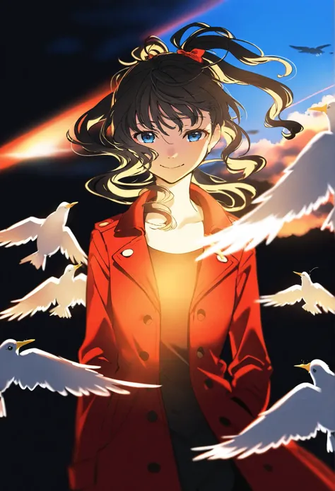 1 girl,Black Background,black double ponytail curls, blue eyes,Smile, sunshine,Blue sky,cloud,,bow,furry flying birds,,Local lighting,Crimson short coat,Cinematic feel,high quality