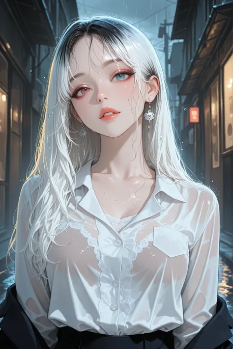 masterpiece,best quality,absurdres,highres,newest,
1girl,solo,korean idol,white hair, heterochromia,over hair eye,K-POP,beautiful,(aegyo sal), upper body, white blouse, buttons, transparency, business suit, 
HDR,8K,high contrast,very aesthetic,high resolut...