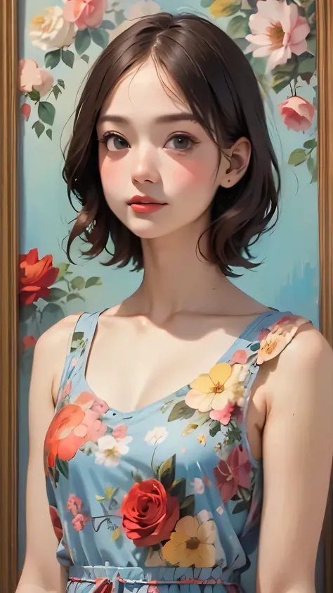 395 ((young woman)),(short hair),(Neat hair),(Ultra High Definition),(floral dress),(Leonardo da Vinci style paintings)