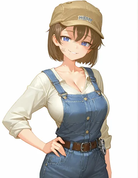 masterpiece, best quality, official anime illustration, (Henry Ford genderbend:1.3), (1girl:1.2), (solo:1.2), cowboy shot, from front, voluptuous body, large breasts, subtle cleavage, looking at viewer, standing, one hand on hip, wicked seductive smile, vi...