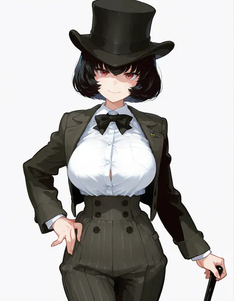 masterpiece, best quality, official anime illustration, (Shibusawa Eiichi genderbend:1.3), (original character:1.2), (1girl:1.2), (solo:1.2), cowboy shot, from front, voluptuous body, large breasts, looking at viewer, standing, one hand on hip, alluring se...
