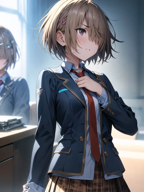 masterpiece, best quality, Highly Detailed CG Unity 8K Wallpaper, Perfect Fingers,masterpiece、top quality、 1 person、solo ,Luke、(hair clip)、(((Hair on one eye)))、(((short hair holding the sleeve)))、blazer after face、shirt、necktie、Plaid Skirt