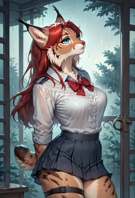 emberlynx, female anthro lynx, anime newest artstyle, long red hair, brown body, turquoise eyes, subtle abs,school uniform, skirt, legbands, seductive pose, rain, wet hairs, wet fur, (((looking up))), side view, detailed background