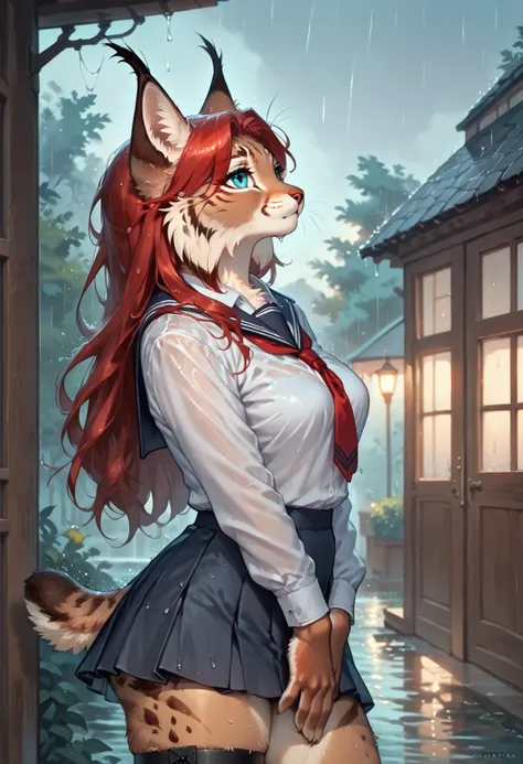 emberlynx, female anthro lynx, anime newest artstyle, long red hair, brown body, turquoise eyes, subtle abs,school uniform, skirt, legbands, seductive pose, rain, wet hairs, wet fur, (((looking up))), side view, detailed background