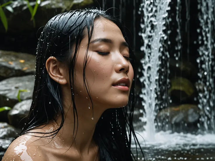 a side view closeup of an Asian woman with wet straight black hair, closed eyes, playing under a waterfall, surrealistic, cinematic lighting