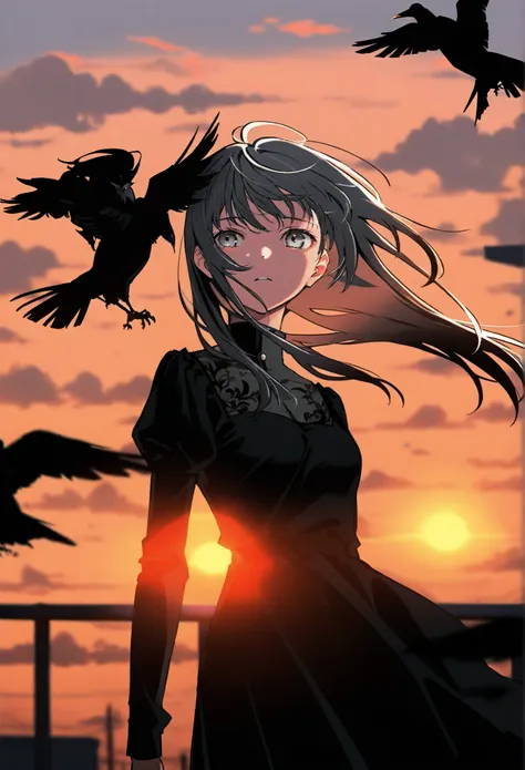 1 girl,childhood,Grey Full Bangs,gray eyes,Black Dress,Blurry Crow,Sunset,Clouds,Local lighting,Movie Feel,high quality