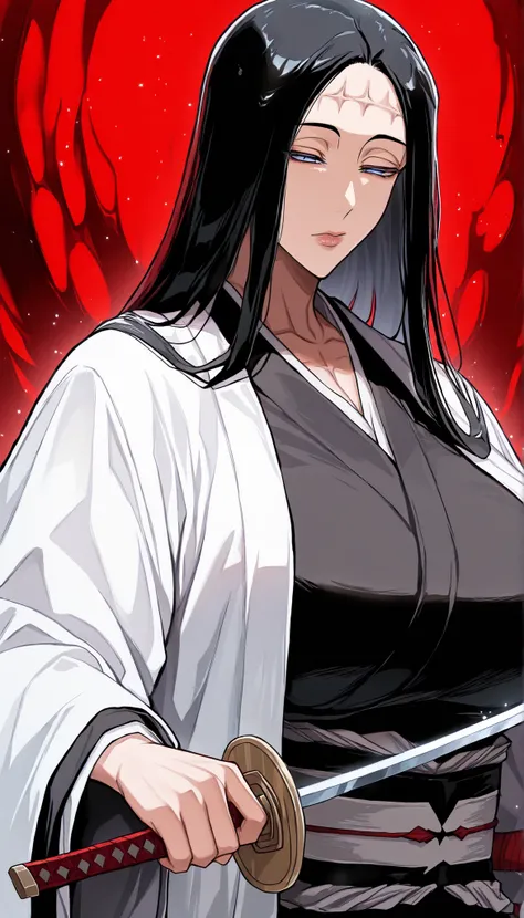 masterpiece, best quality, newest, 1girl, upper body, close-up, 
 unohana_tybw, blue eyes, black hair, very long hair, forehead stitches, straight hair, forehead, black kimono, haori, long sleeves, wide sleeves, expressionless, narrowed eyes, 
large breast...